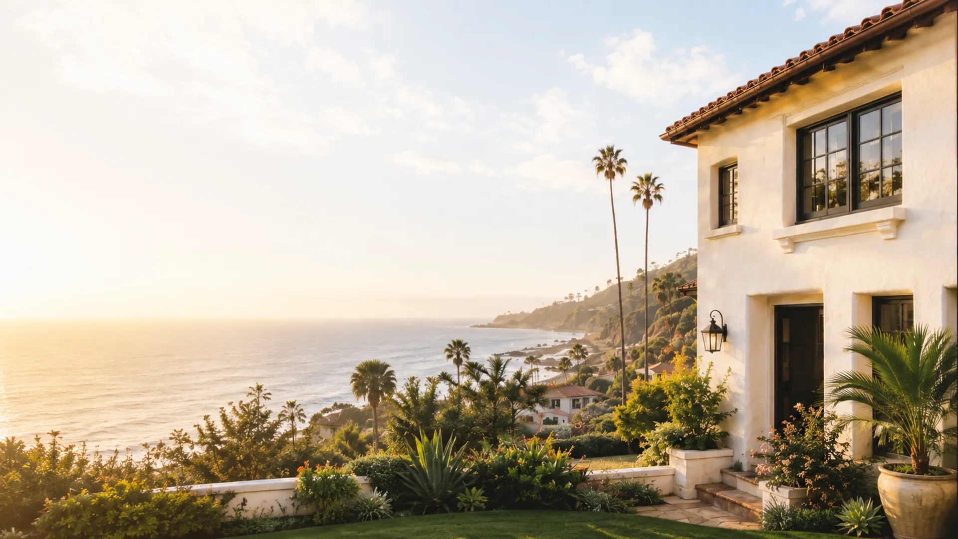 Southern California coastal home with ocean views, palm trees, and landscaped entryway.