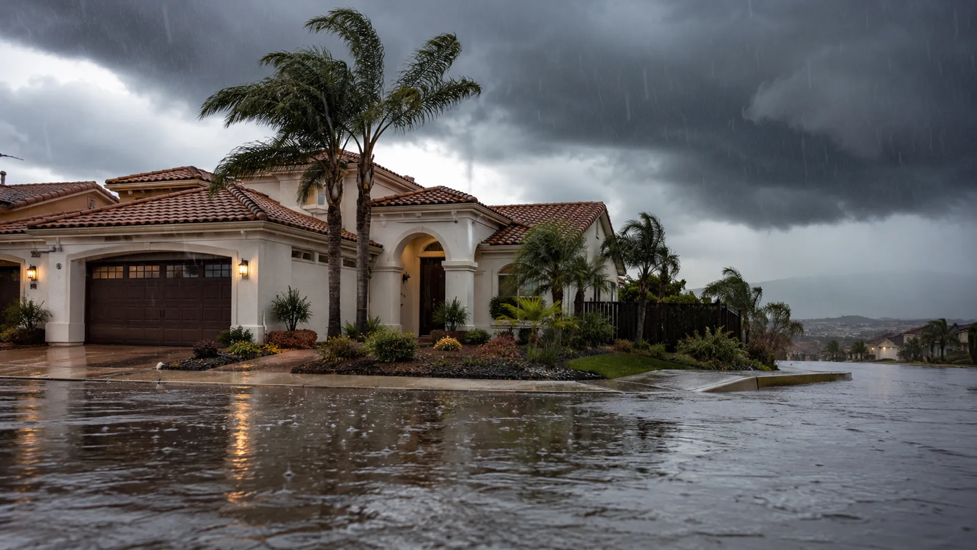 San Diego-area home during heavy rain with dark storm clouds and water pooling along the street.