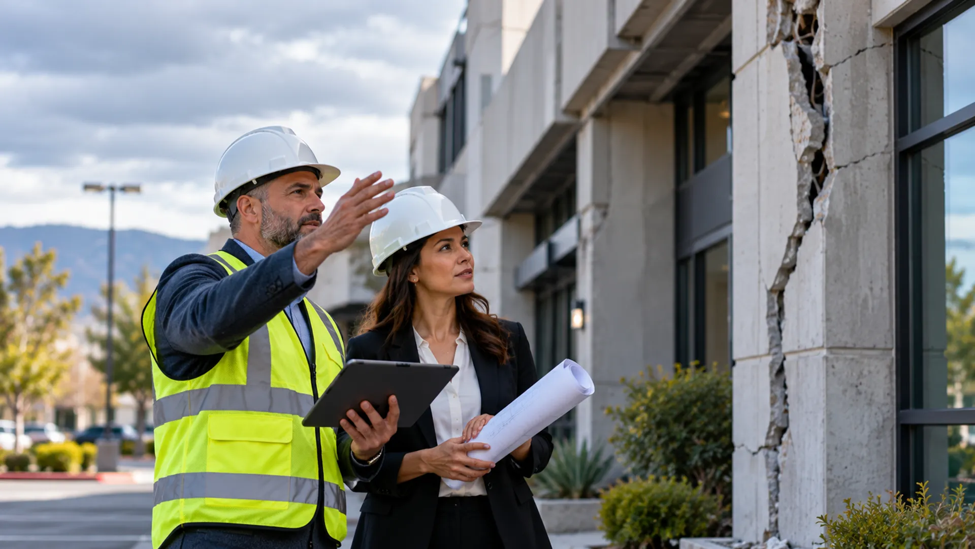 Building Damage Inspection Team A man and woman in hard hats reviewing an earthquake-damaged commercial building