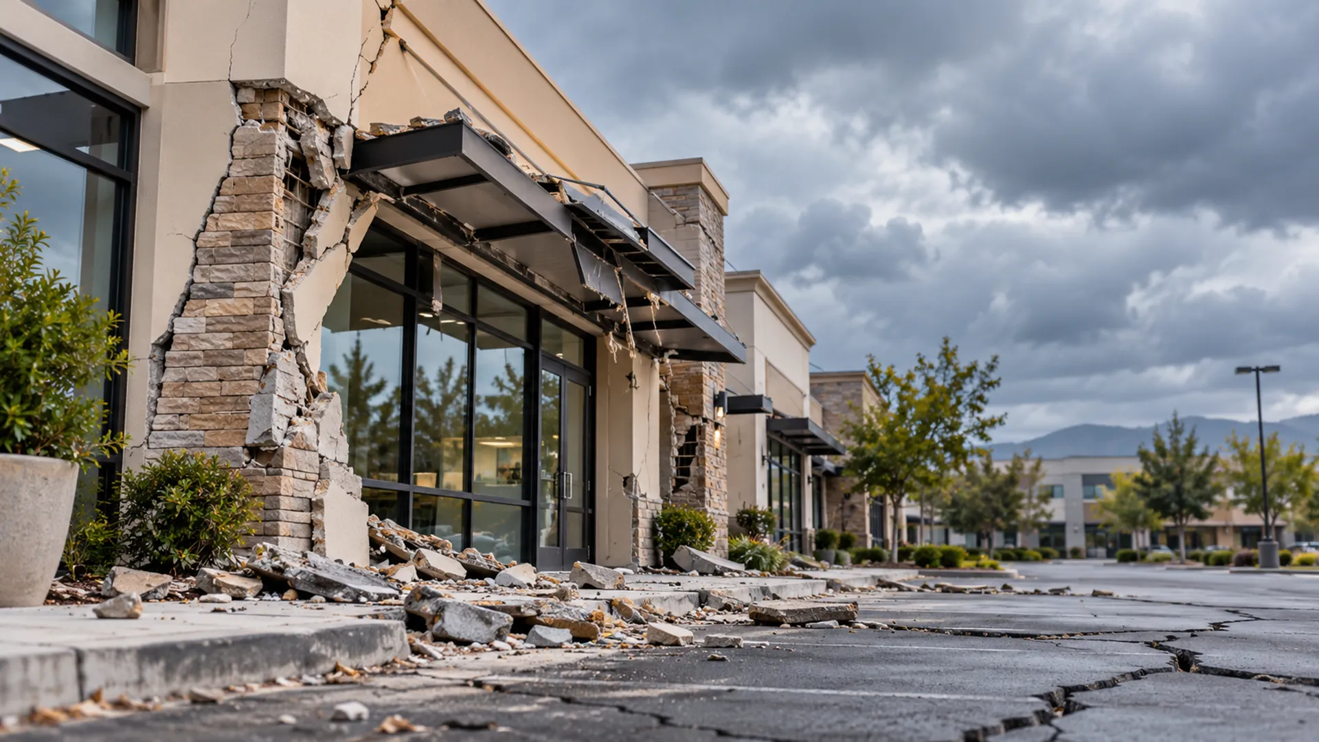 Earthquake-damaged commercial strip building