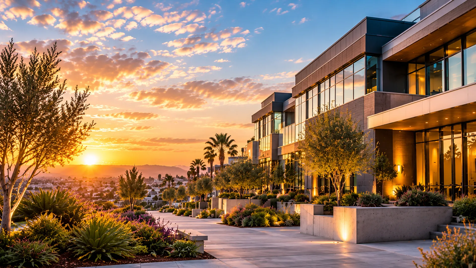 Mixed commercial and multi-residential property at sunset in San Diego