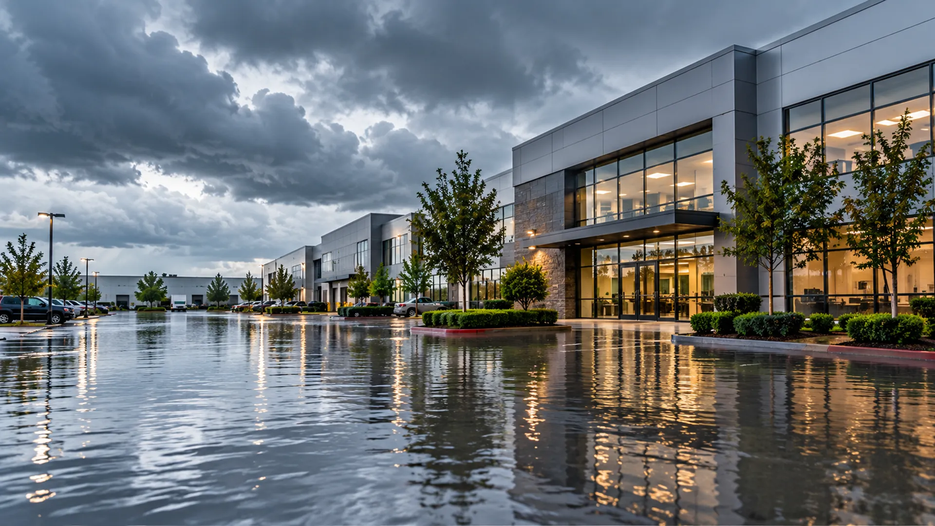 Stormy, flooded industrial complex